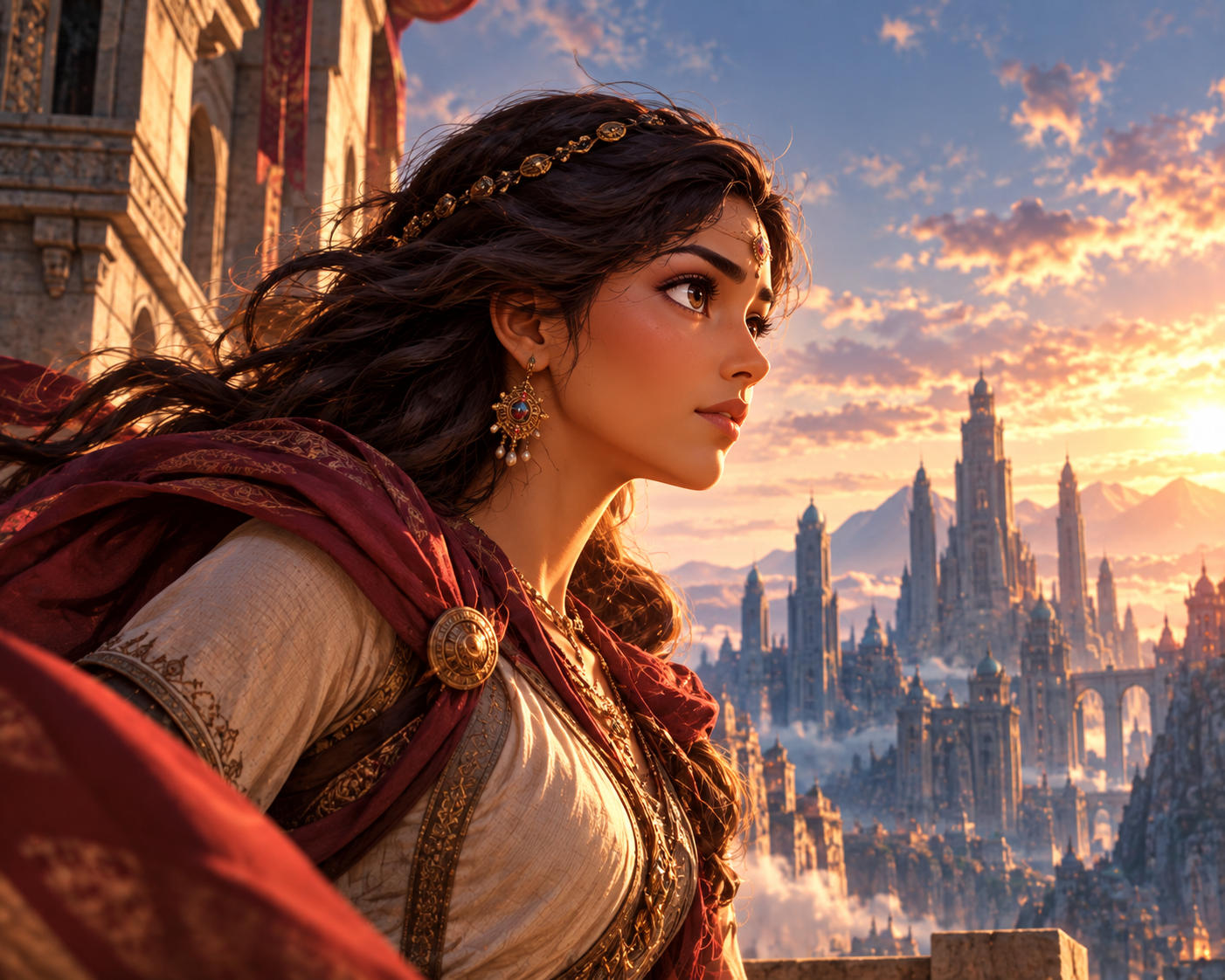Warrior Princess Overlooking Sunset Citadel